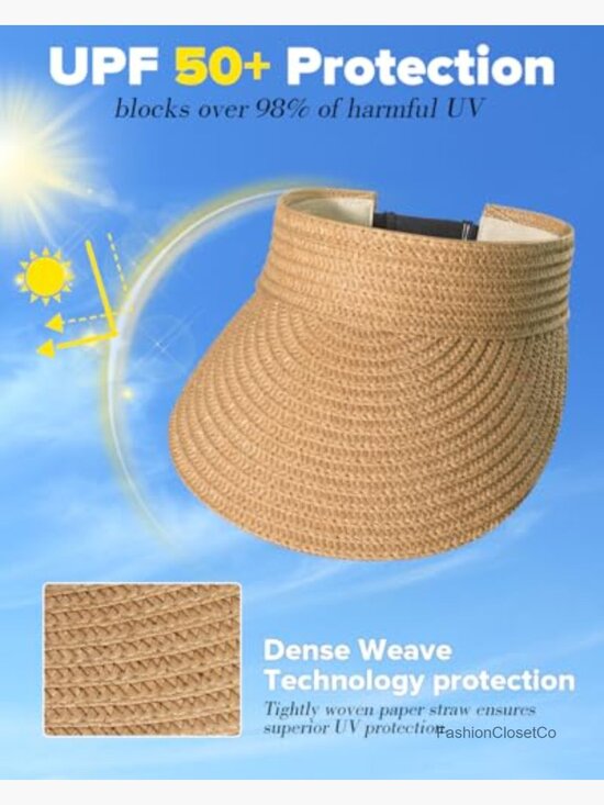 Wide Brim UPF50+ Straw Sun Visor Hat Packable Foldable main image 5